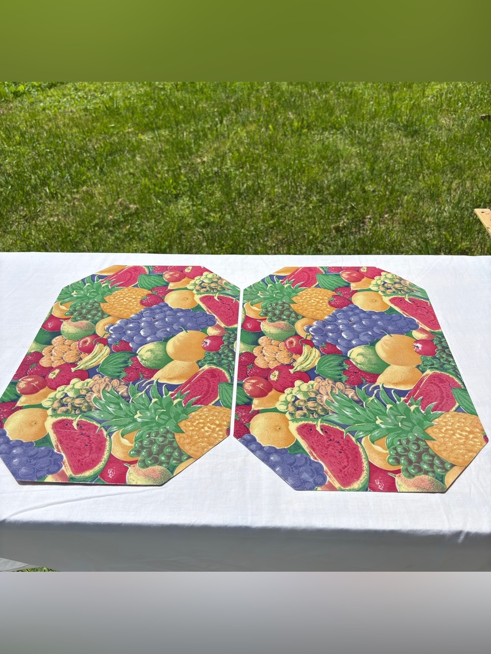 VTG style hexagonal fruit print 
vinyl reversible placemats retro cottagecore